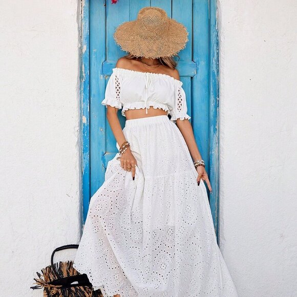 Tops - White Casual Women's Set: Sleeveless Woven Crop Top & High Waist Skirt